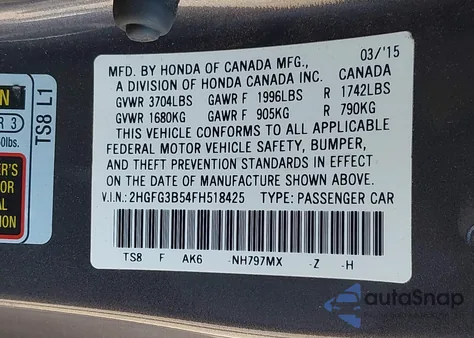 2015 Honda Civic Lx из США, поврежденный, VIN 2HGFG3B54FH518425